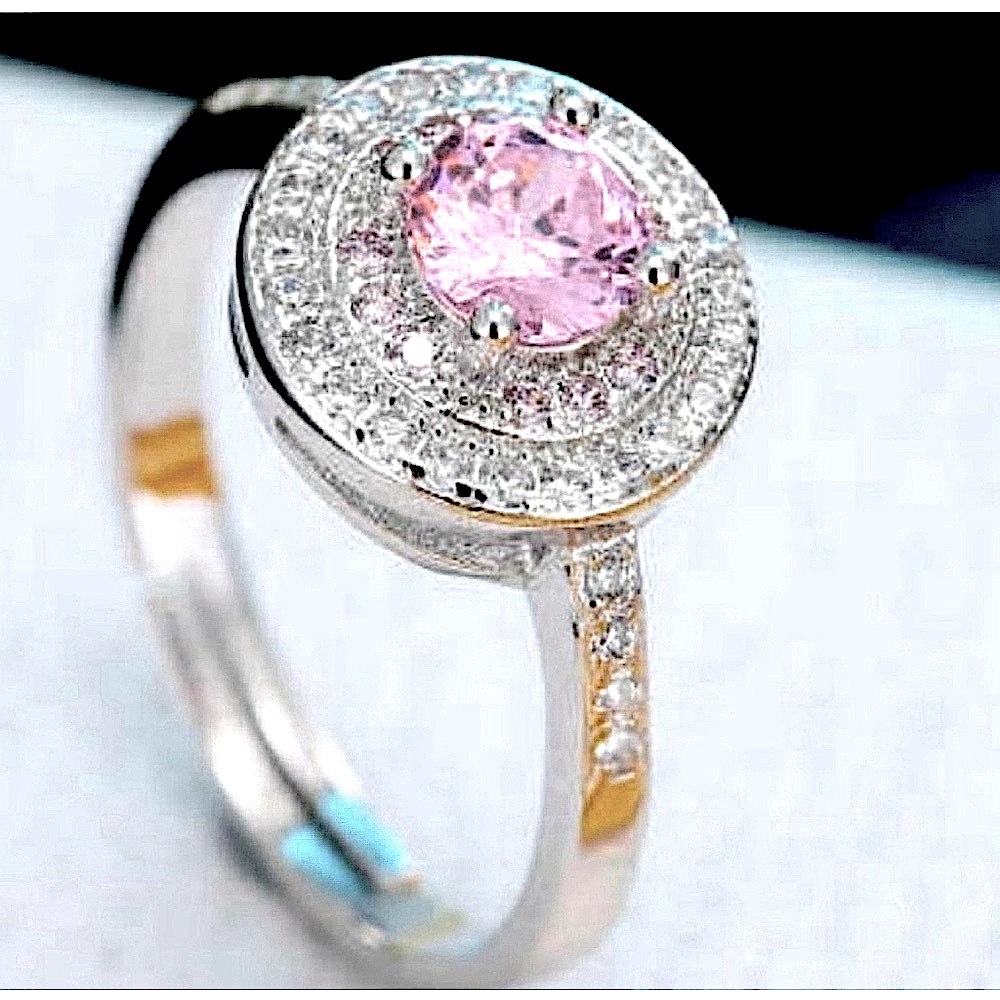 NEW Women's Halo Simulated‎ Diamond Pink 925 Sterling Silver Ring, Adjustable